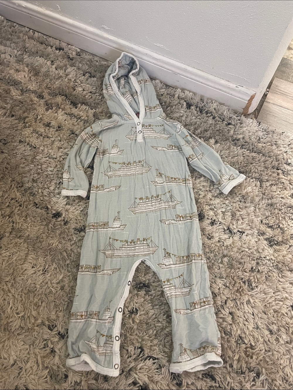 Milkbarn Light Blue Hooded One-Piece with Boat Print